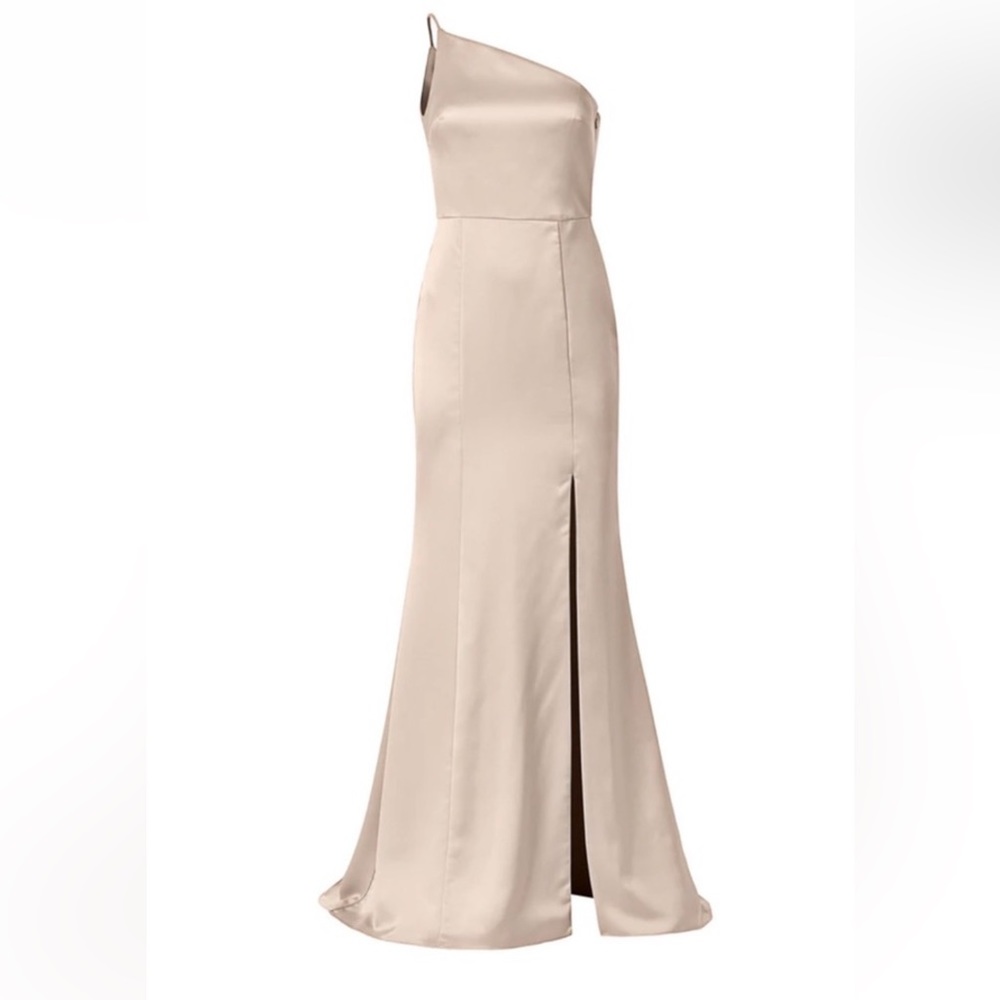AMSALE champagne satin one shoulder dress